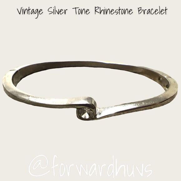 Silver Tone Hinge Bracelet with Single Glass Rhinestone - Picture 1 of 12